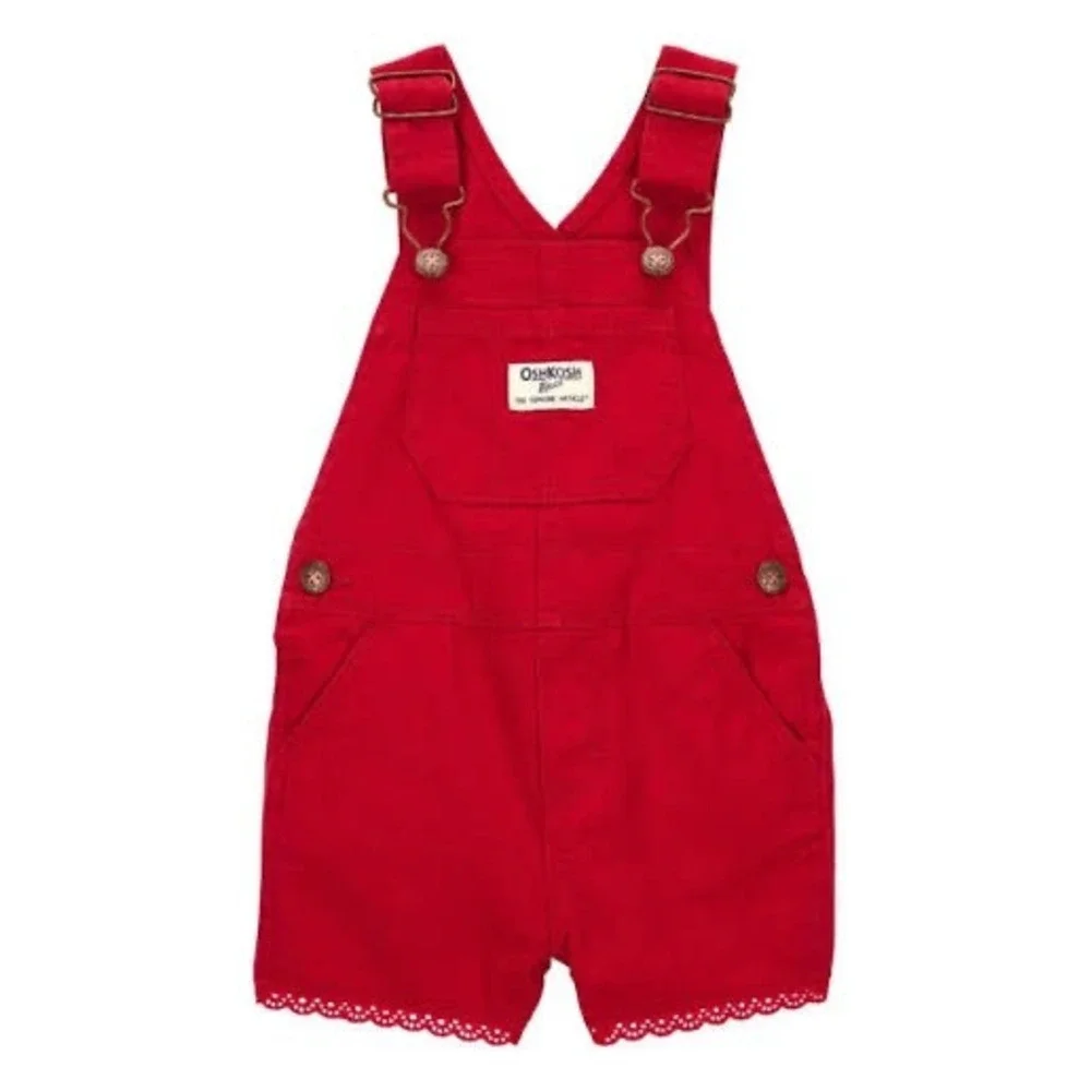 OshKosh B'gosh Girls Red Eyelet Lace Trim Shortalls Overalls 3T